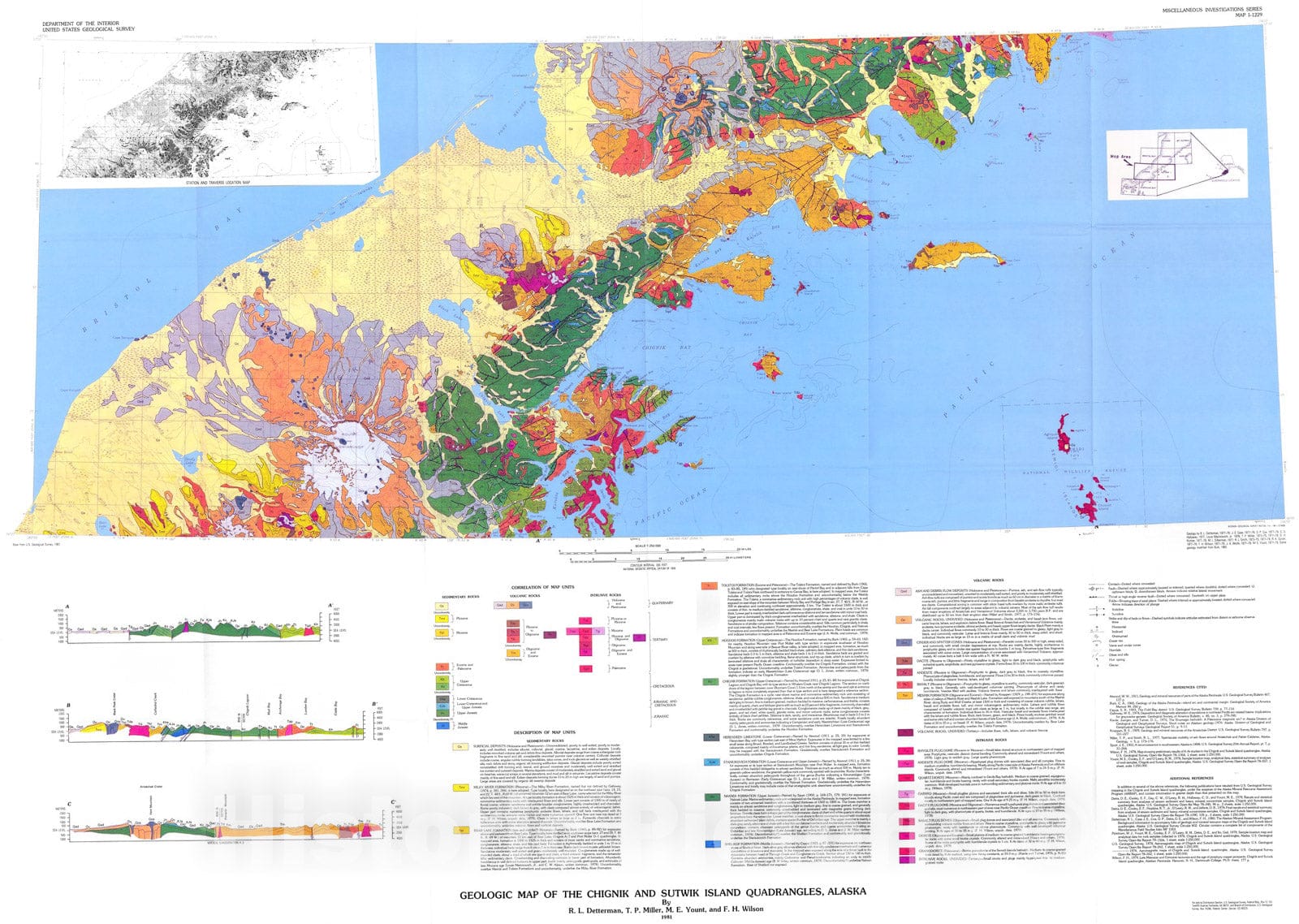 Map : Geologic map of the Chignik and Sutwik Island quadrangles, Alaska, 1981 Cartography Wall Art :