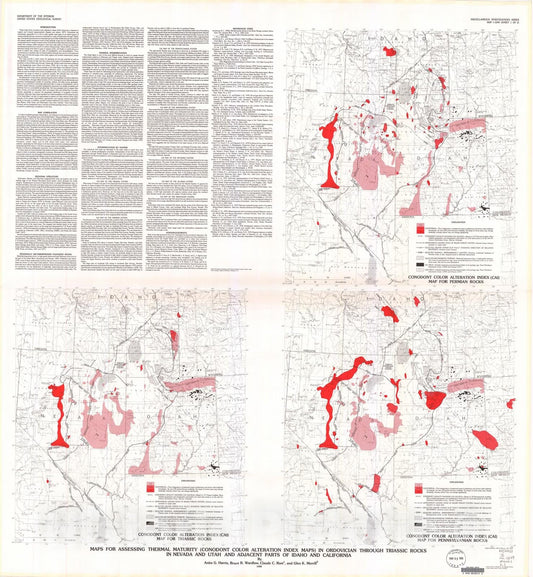 Map : Maps for assessing thermal maturity (conodont color alteration index maps) in Ordovician through Triassic rocks in Nevada and Utah, 1980 Cartography Wall Art :