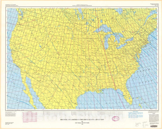 Map : Magnetic declination in the United States - Epoch 1980, 1980 Cartography Wall Art :