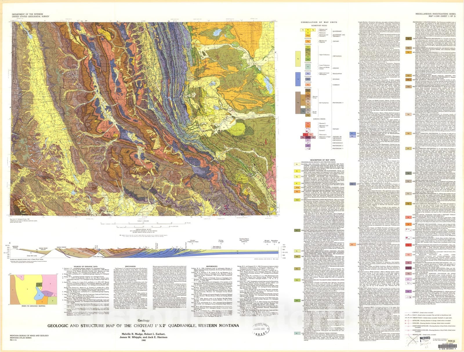 Map : Geologic and structure map of the Choteau one degree X two degrees quadrangle, western Montana [republished in two00one as a digital database], one98two Cartography Wall Art :