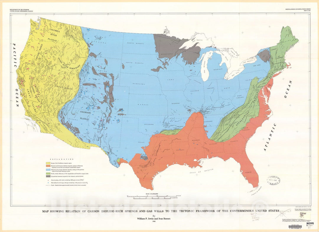 Map : Map showing relation of carbon dioxide-rich springs and gas wells to the tectonic framework of the conterminous United States, 1982 Cartography Wall Art :