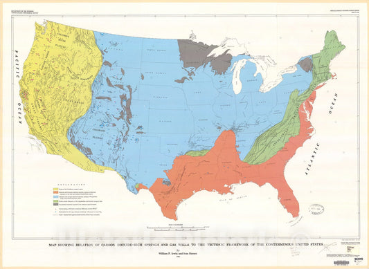 Map : Map showing relation of carbon dioxide-rich springs and gas wells to the tectonic framework of the conterminous United States, 1982 Cartography Wall Art :