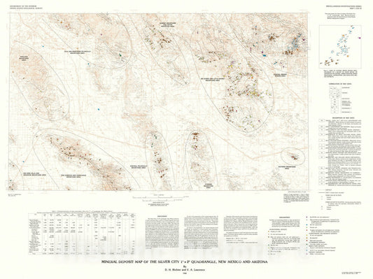 Map : Mineral deposit map of the Silver City one degree x two degrees quadrangle, New Mexico and Arizona, one983 Cartography Wall Art :