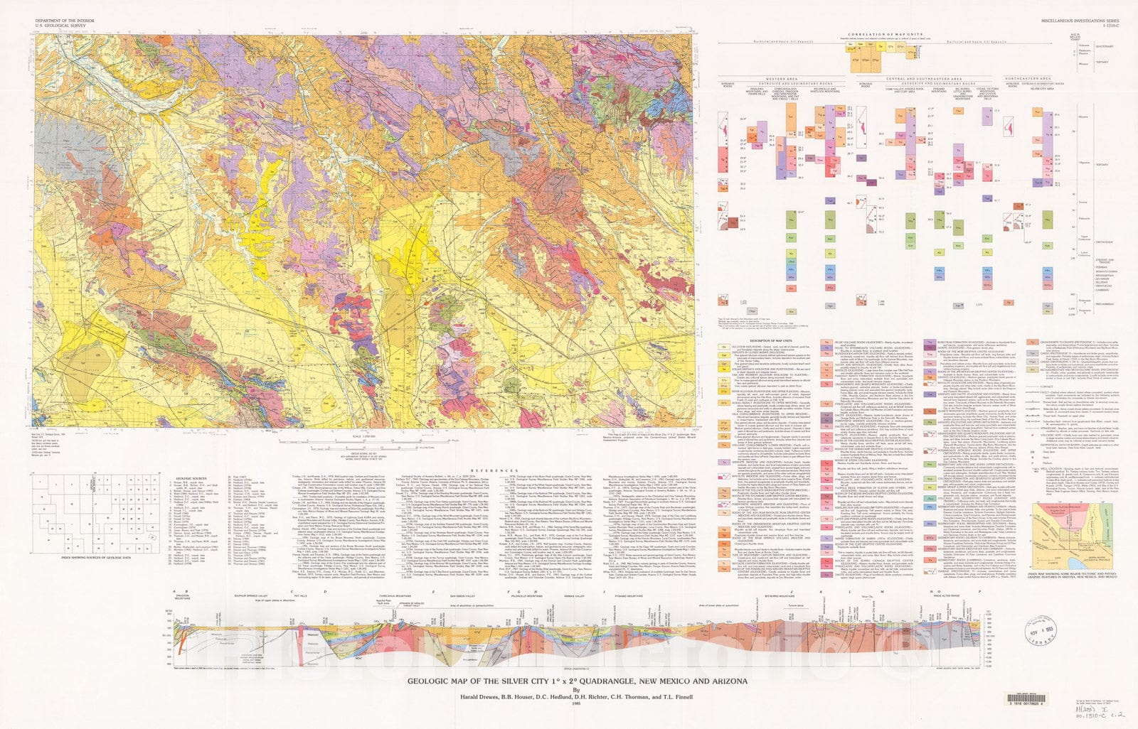Map : Geologic map of the Silver City one degree x two degrees quadrangle, New Mexico and Arizona, one985 Cartography Wall Art :