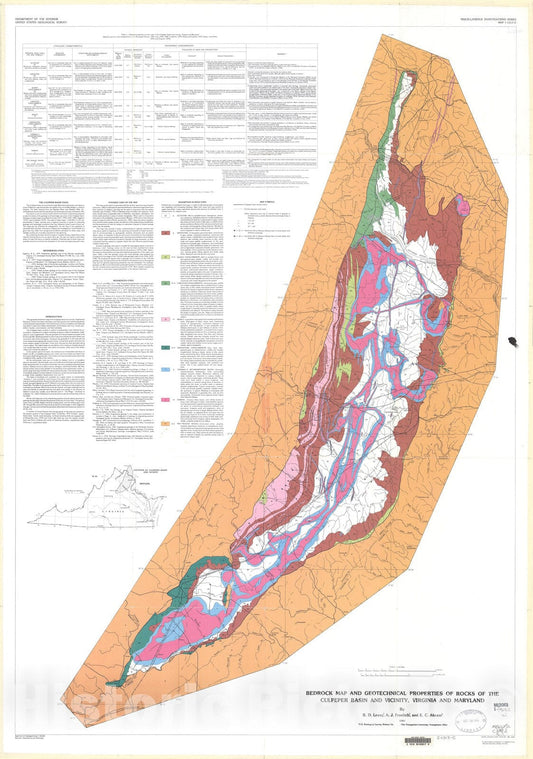 Map : Bedrock map and geotechnical properties of rocks of the Culpeper basin, Virginia and Maryland, 1983 Cartography Wall Art :