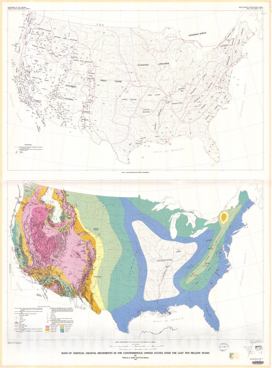Map : Maps of vertical crustal movements in the conterminous United States over the last ten million years, 1983 Cartography Wall Art :