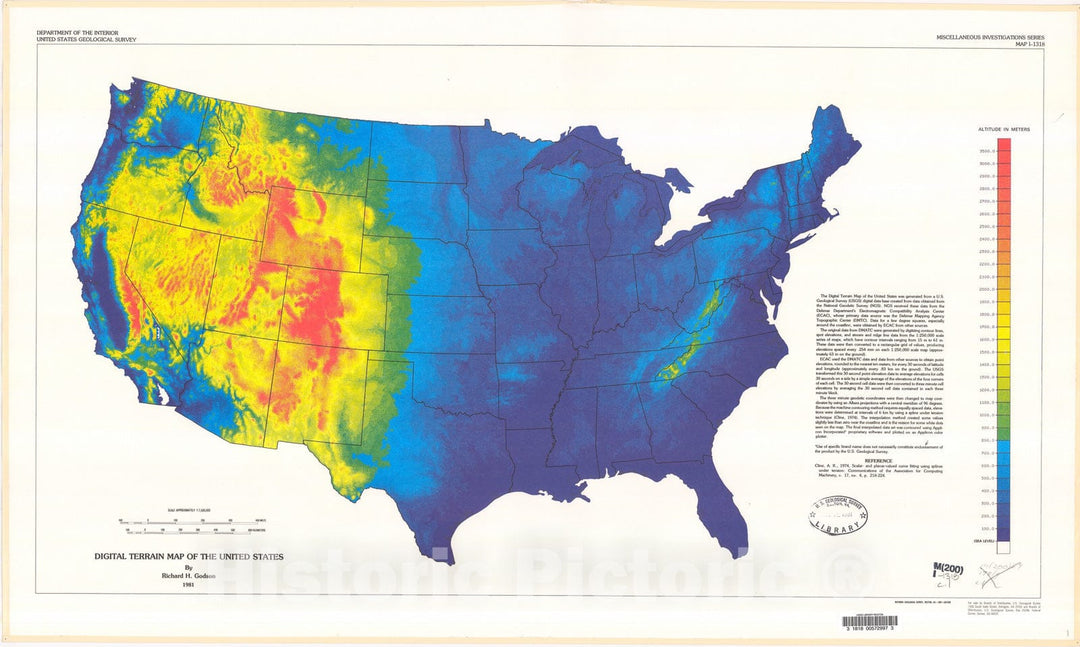 Map : Digital terrain map of the United States, 1981 Cartography Wall Art :