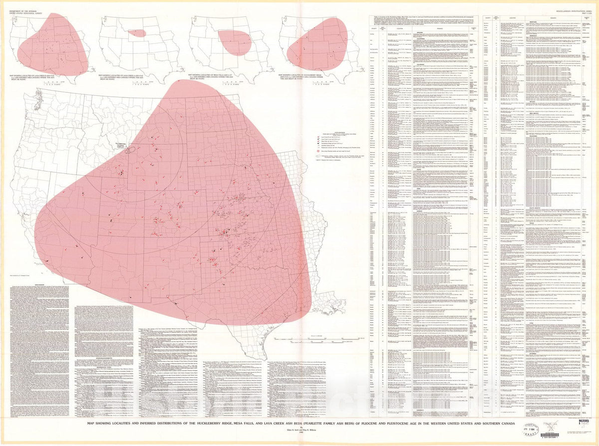 Map : Map showing localities and inferred distributions of the Huckleberry Ridge, Mesa Falls, and Lava Creek ash beds, 1982 Cartography Wall Art :