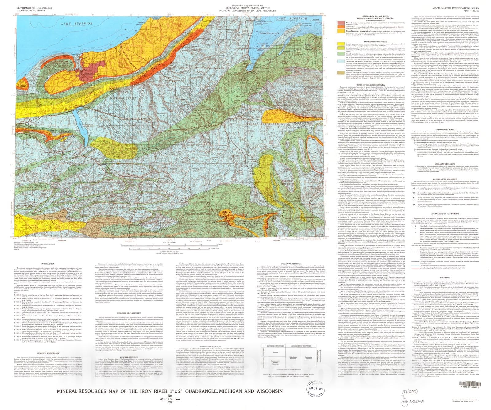 Map : Mineral resources map of the Iron River one degree x two degrees quadrangle, Michigan and Wisconsin, one985 Cartography Wall Art :