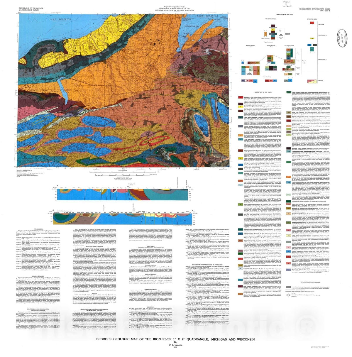 Map : Bedrock geologic map of the Iron River one degree x two degrees quadrangle, Michigan and Wisconsin, one986 Cartography Wall Art :