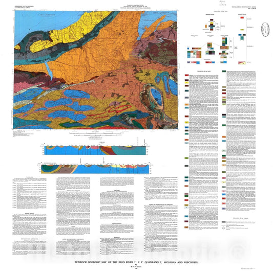 Map : Bedrock geologic map of the Iron River one degree x two degrees quadrangle, Michigan and Wisconsin, one986 Cartography Wall Art :