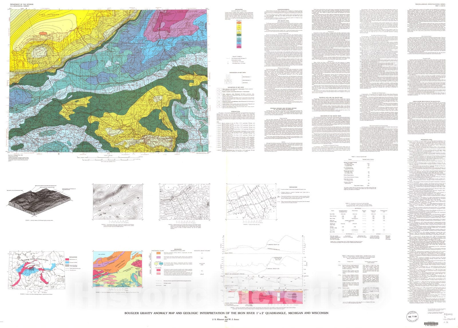 Map : Bouguer gravity anomaly map and geologic interpretation of the Iron River one degree x two degrees quadrangle, Michigan and Wisconsin, one989 Cartography Wall Art :
