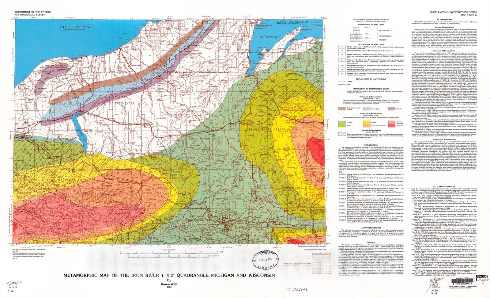 Map : Metamorphic map of the Iron River one degree x two degrees quadrangle, Michigan and Wisconsin, one986 Cartography Wall Art :