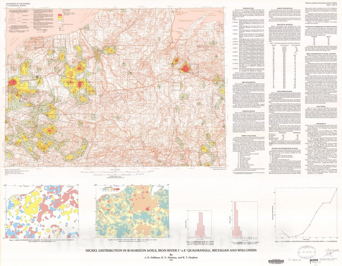 Map : Nickel distribution in B-horizon soils, Iron River one degree x two degrees quadrangle, Michigan and Wisconsin, one984 Cartography Wall Art :