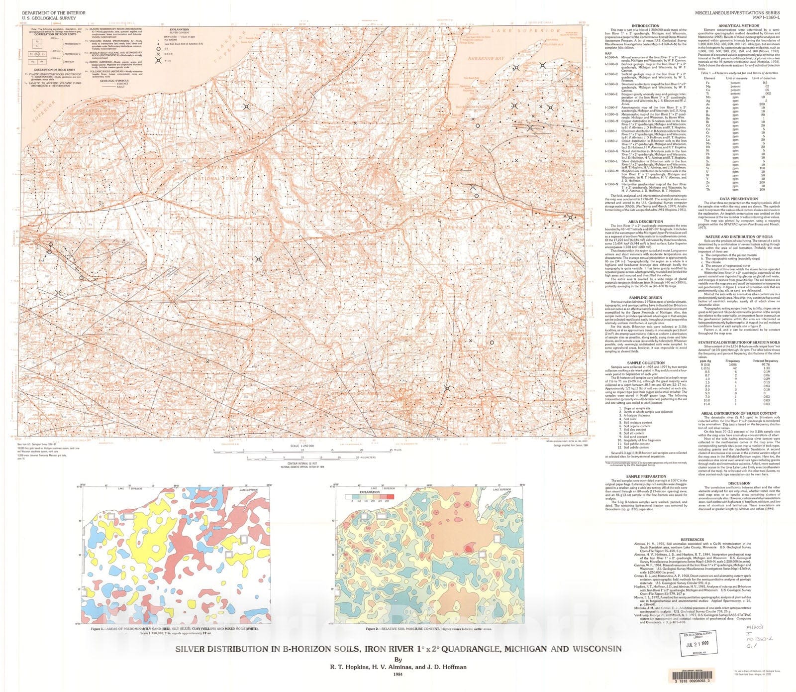 Map : Silver distribution in B-horizon soils, Iron River one degree x two degrees quadrangle, Michigan and Wisconsin, one984 Cartography Wall Art :