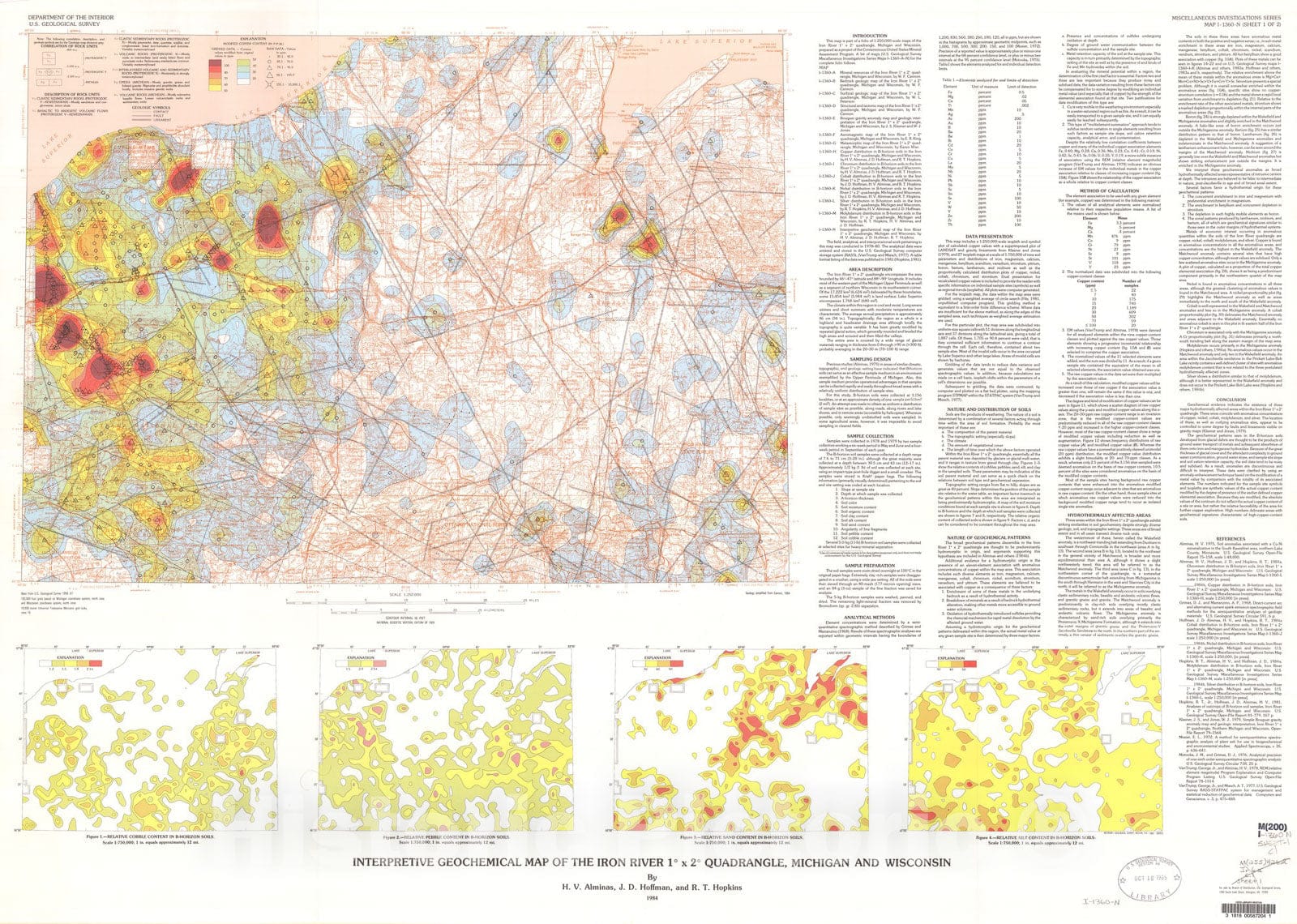 Map : Interpretive geochemical map of the Iron River one degree x two degrees quadrangle, Michigan and Wisconsin, one984 Cartography Wall Art :