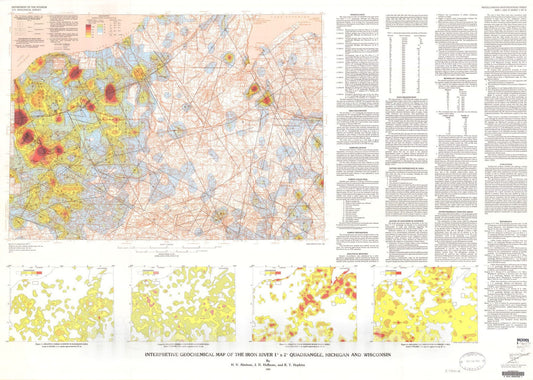Map : Interpretive geochemical map of the Iron River one degree x two degrees quadrangle, Michigan and Wisconsin, one984 Cartography Wall Art :