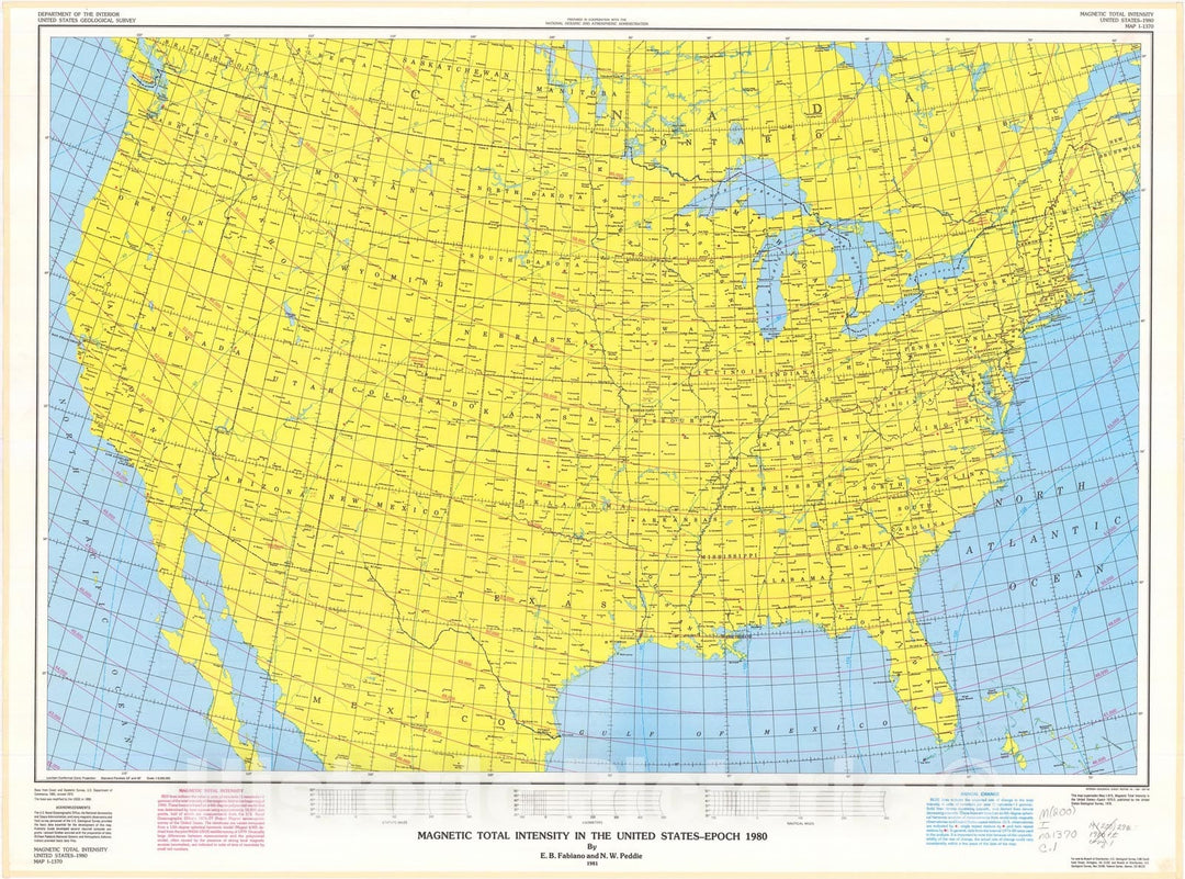 Map : Magnetic total intensity in the United States - Epoch 1980, 1981 Cartography Wall Art :