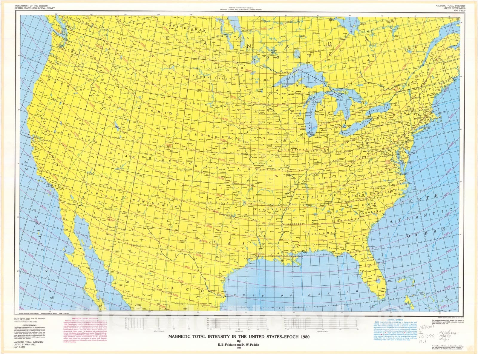 Map : Magnetic total intensity in the United States - Epoch 1980, 1981 Cartography Wall Art :