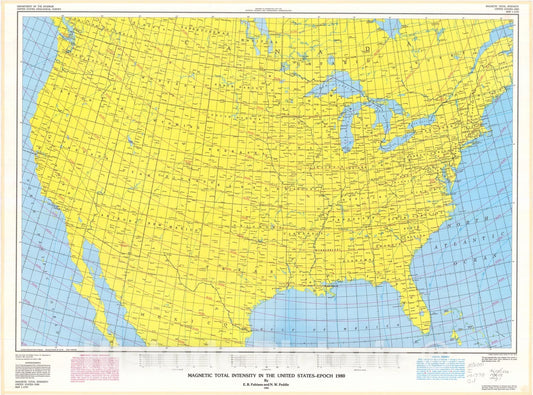 Map : Magnetic total intensity in the United States - Epoch 1980, 1981 Cartography Wall Art :
