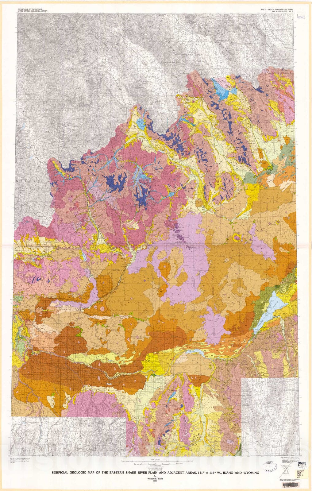 Map : Surficial geologic map of the eastern Snake River plain and adjacent areas, 111 degree x 115 degree W., Idaho and Wyoming, 1982 Cartography Wall Art :