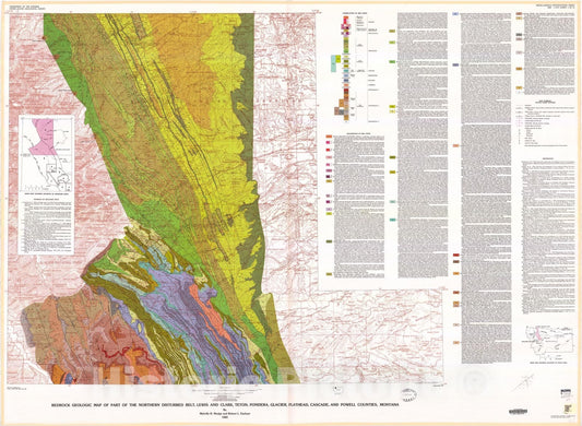 Map : Bedrock geologic map of part of the northern disturbed belt, Lewis and Clark, Teton, Pondera, Glacier, Flathead, Cascade, and Powell Counties, Montana, 1983 Cartography Wall Art :