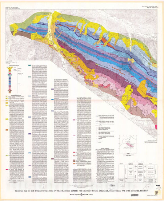 Map : Geologic map of the banded upper zone of the Stillwater complex and adjacent rocks, Stillwater, Sweet Grass, and Park Counties, Montana, 1982 Cartography Wall Art :