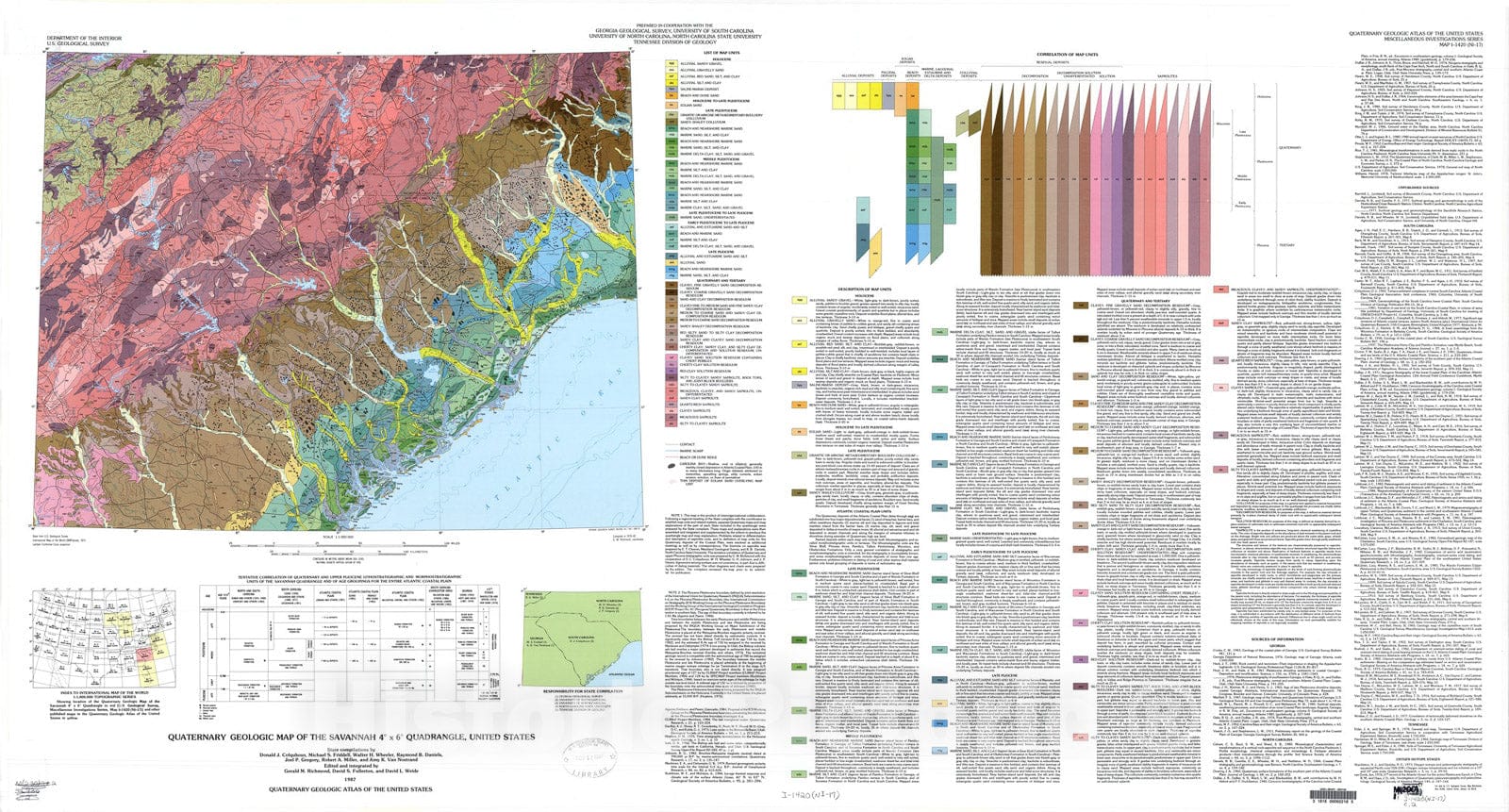 Map : Quaternary geologic map of the Savannah four degrees x six degrees quadrangle, United States, 1987 Cartography Wall Art :