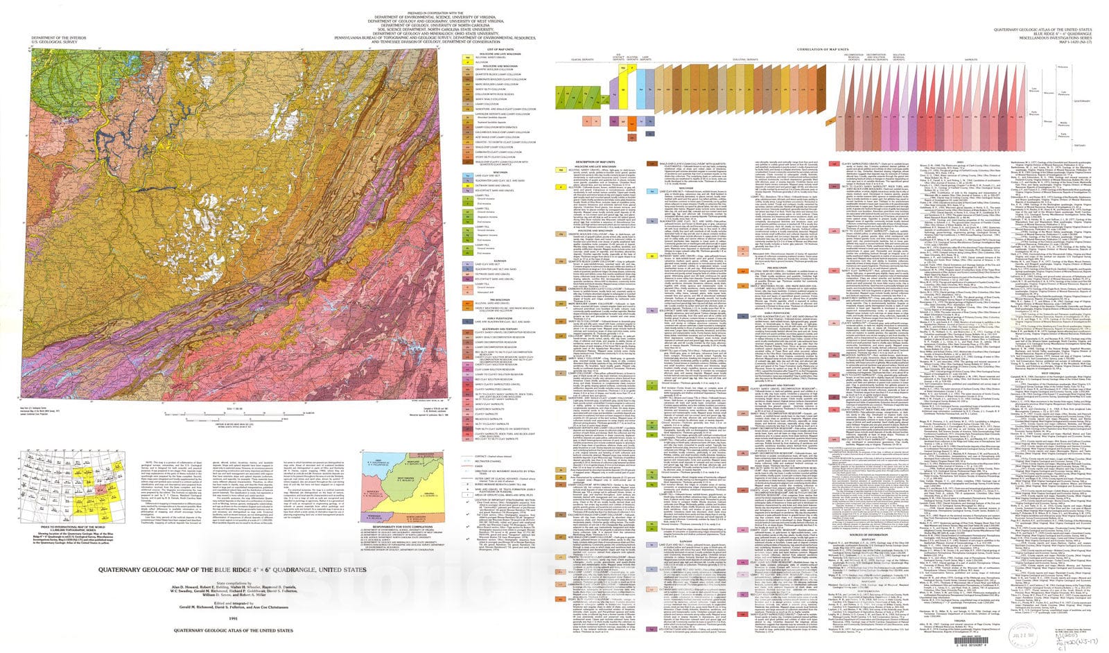 Map : Quaternary geologic map of the Blue Ridge four degrees x six degrees quadrangle, United States, 1991 Cartography Wall Art :