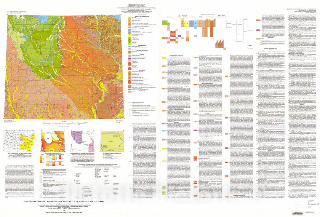Map : Quaternary geologic map of the Des Moines four degrees x six degrees quadrangle, United States, 1991 Cartography Wall Art :