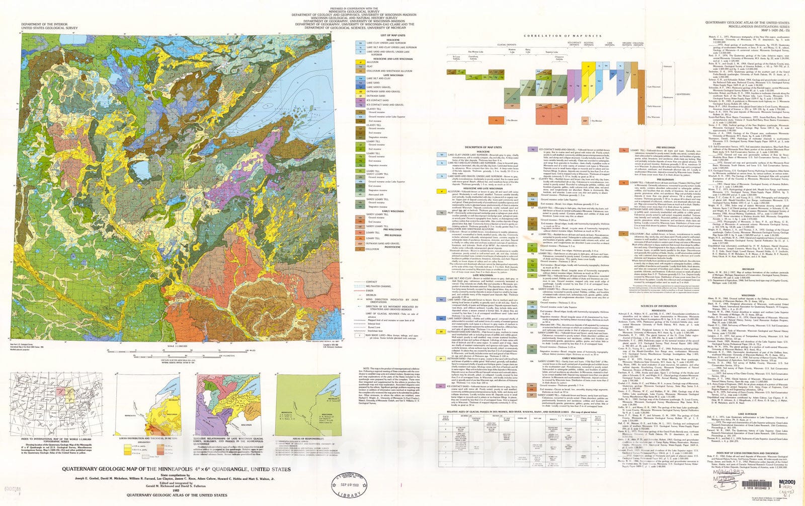 Map : Quaternary geologic map of the Minneapolis four degrees x six degrees quadrangle, United States, 1983 Cartography Wall Art :