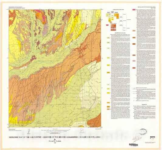 Map : Geologic map of the southwest-quarter of the Beaver quadrangle, Beaver County, Utah, 1983 Cartography Wall Art :