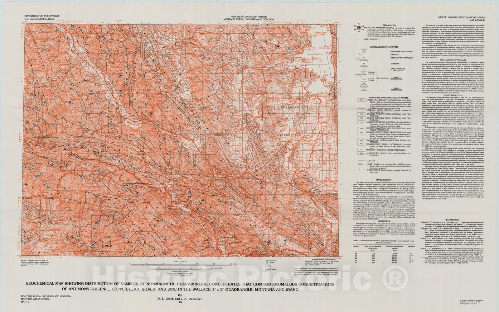 Map : Geochemical map showing distribution of samples of nonmagnetic heavy-mineral concentrates that contain anomalous concentrations of, 1986 Cartography Wall Art :