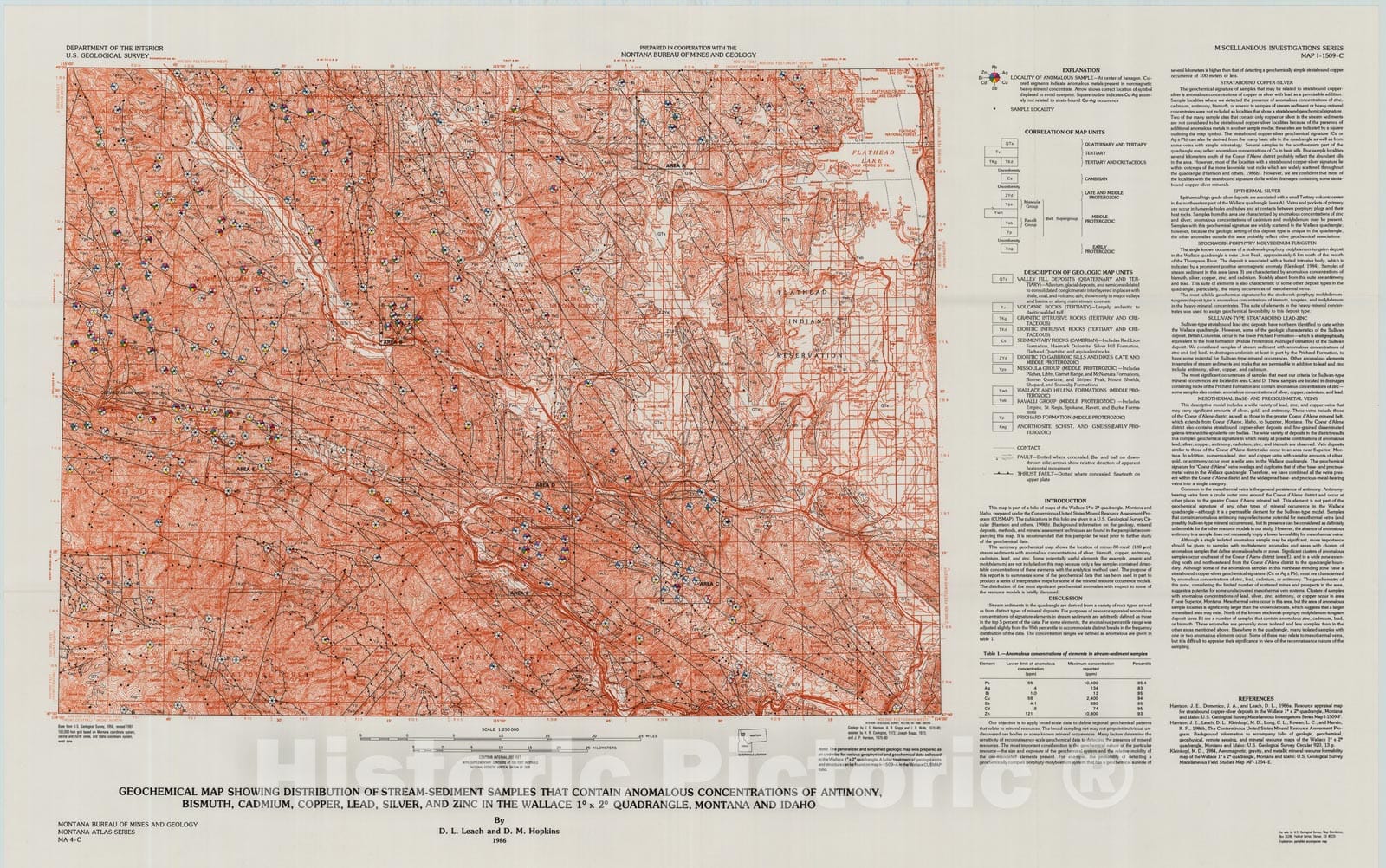 Map : Geochemical map showing distribution of stream-sediment samples that contain anomalous concentrations of antimony, bismuth, cadmiu, 1986 Cartography Wall Art :