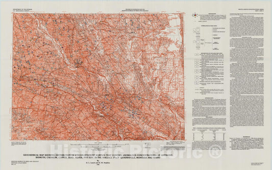 Map : Geochemical map showing distribution of stream-sediment samples that contain anomalous concentrations of antimony, bismuth, cadmiu, 1986 Cartography Wall Art :