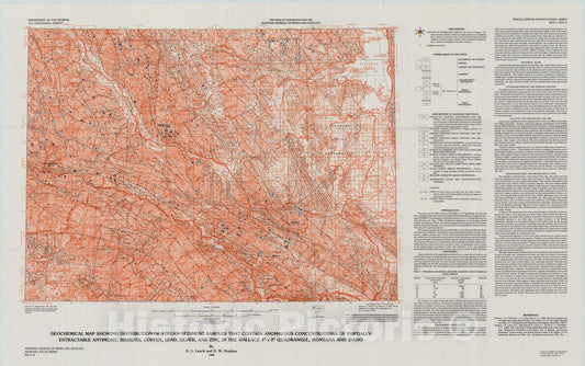 Map : Geochemical map showing distribution of stream-sediment samples that contain anomalous concentrations of partially-extractable ant, 1986 Cartography Wall Art :