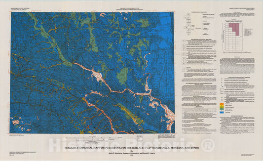 Map : Resource appraisal map for placer gold in the Wallace one degree x two degrees quadrangle, Montana and Idaho, one986 Cartography Wall Art :