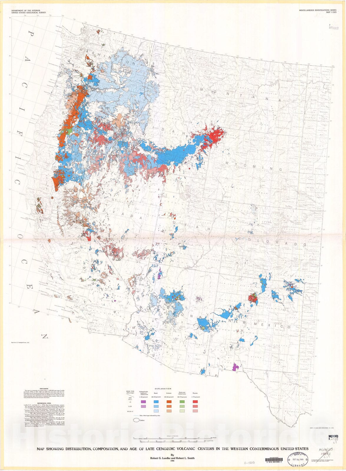 Map : Map showing distribution, composition, and age of Late Cenozoic volcanic centers in the western conterminous United States, 1984 Cartography Wall Art :
