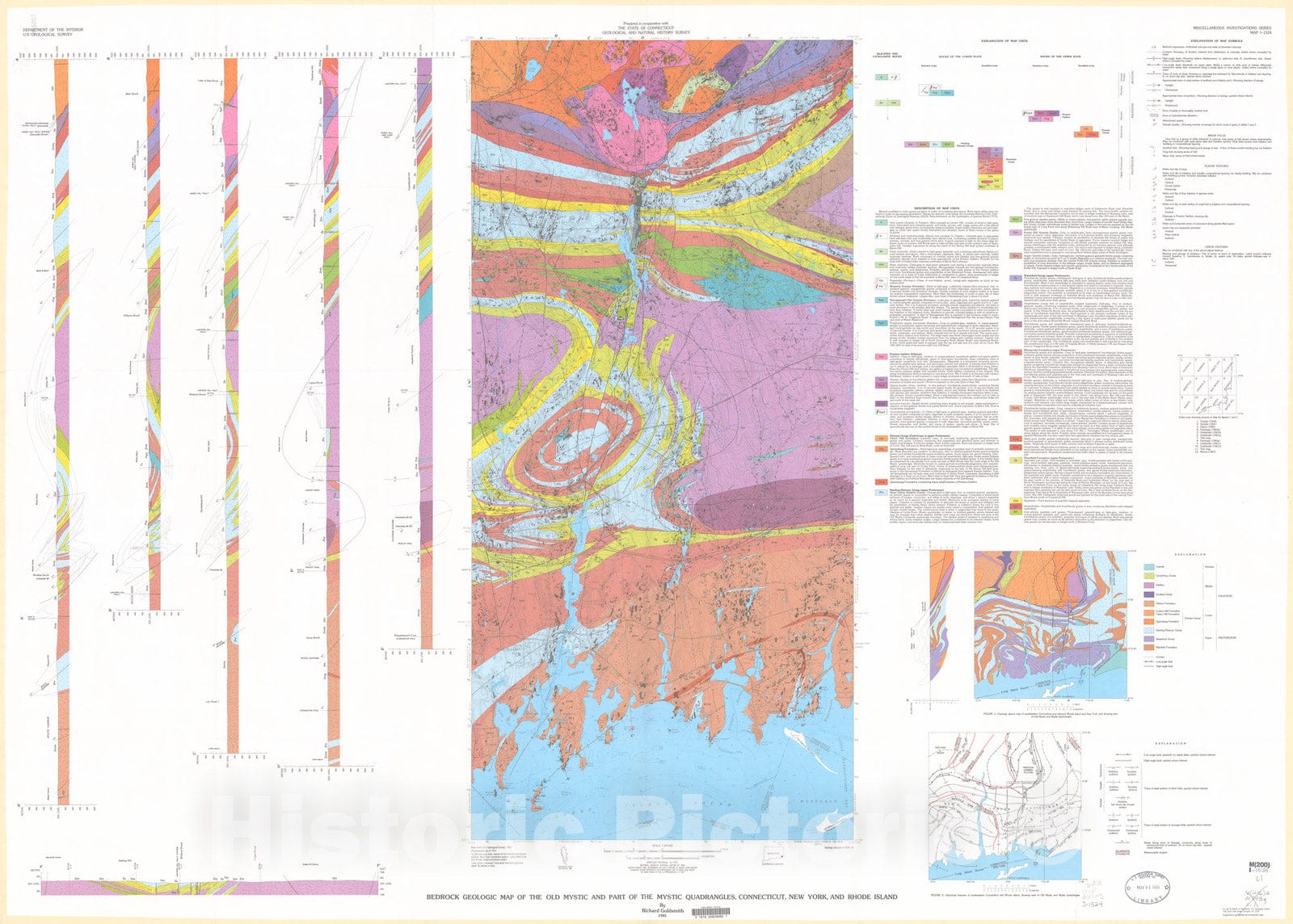 Map : Bedrock geologic map of the Old Mystic and part of the Mystic quadrangles, Connecticut, New York, and Rhode Island, 1985 Cartography Wall Art :