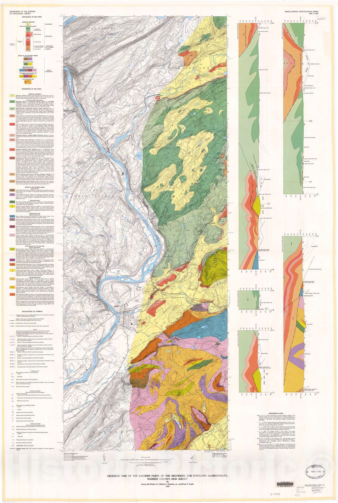 Map : Geologic map of the eastern parts of the Belvidere and Portland quadrangles, Warren County, New Jersey, 1985 Cartography Wall Art :