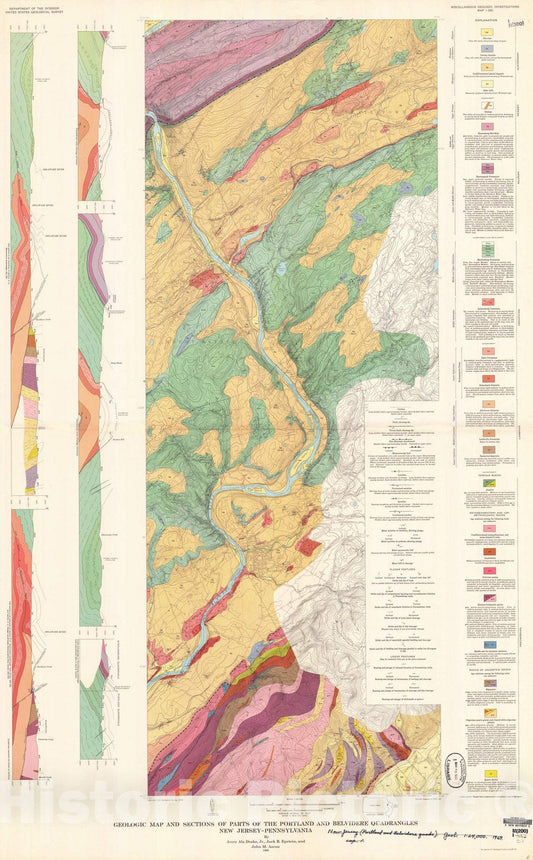 Map : Geologic map and sections of parts of the Portland and Belvidere quadrangles, New Jersey-Pennsylvania, 1969 Cartography Wall Art :