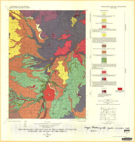 Map : Reconnaissance geologic map of the Madras quadrangle, Jefferson and Wasco Counties, Oregon, 1968 Cartography Wall Art :