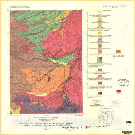 Map : Reconnaissance geologic map of the Dufur quadrangle, Hood River, Sherman, and Wasco Counties, Oregon, 1968 Cartography Wall Art :