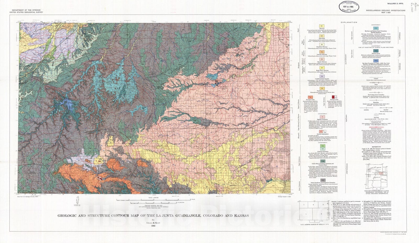 Map : Geologic and structure contour map of the La Junta quadrangle, Colorado and Kansas, 1968 Cartography Wall Art :