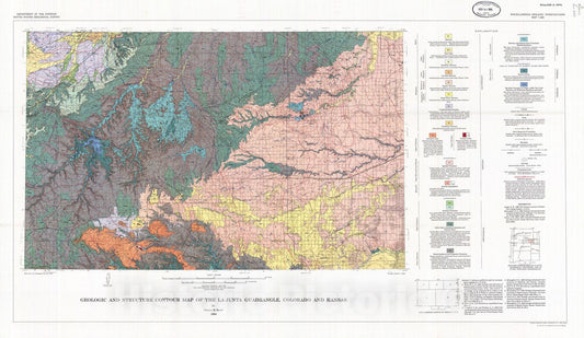 Map : Geologic and structure contour map of the La Junta quadrangle, Colorado and Kansas, 1968 Cartography Wall Art :