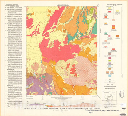 Map : Geologic map of the southwest quarter of the Black Mountain quadrangle, Nye County, Nevada, 1968 Cartography Wall Art :