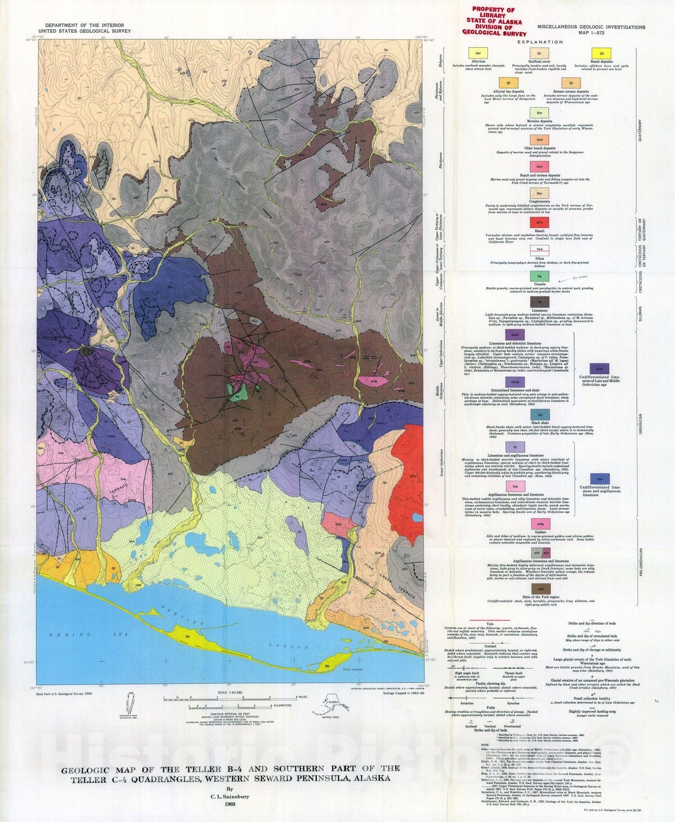 Map : Geologic map of the Teller B-4 and southern part of the Teller C-4 quadrangles, western Seward Peninsula, Alaska, 1969 Cartography Wall Art :