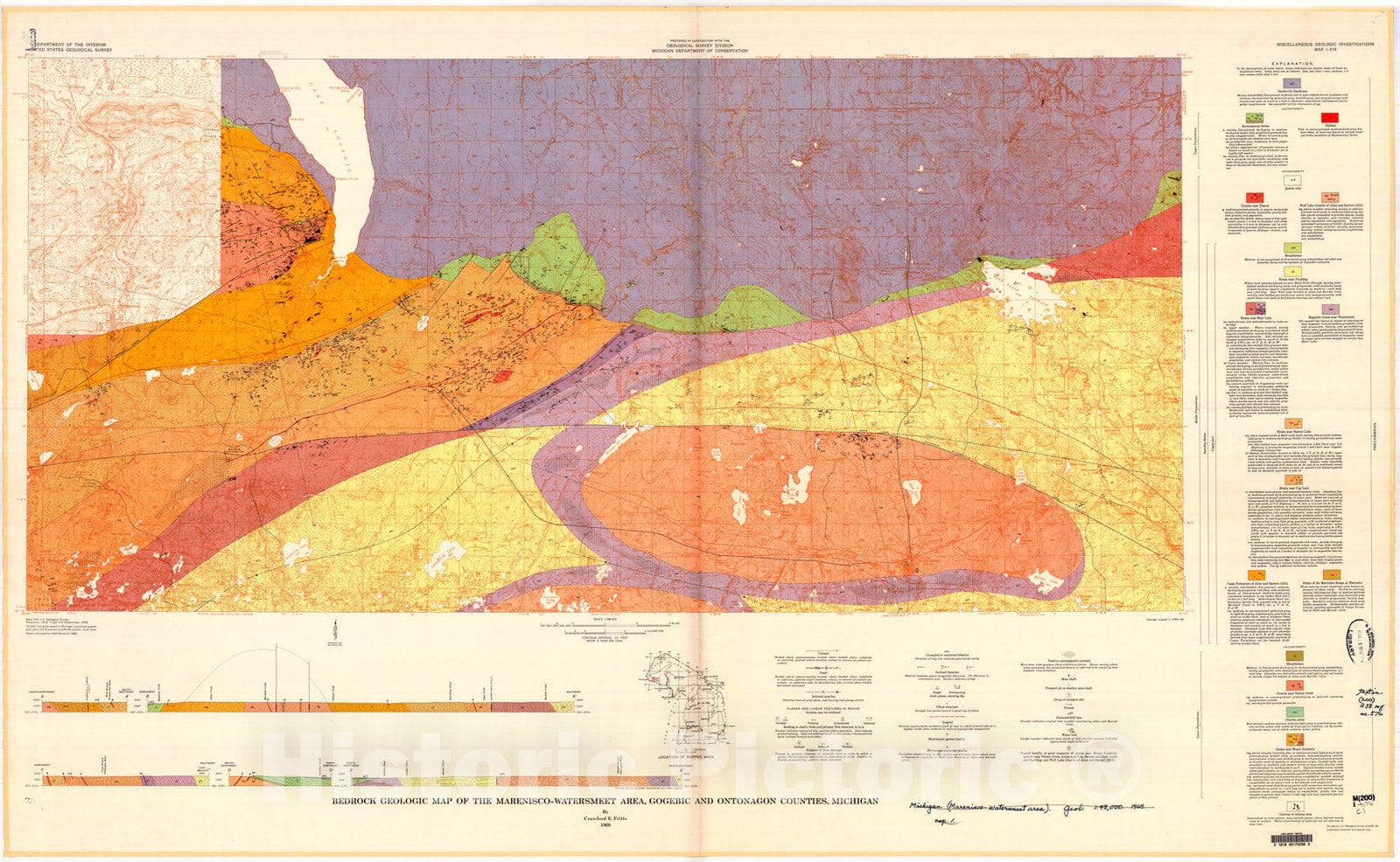 Map : Bedrock geologic map of the Marenisco-Watersmeet area, Gogebic and Ontonagon Counties, Michigan, 1969 Cartography Wall Art :