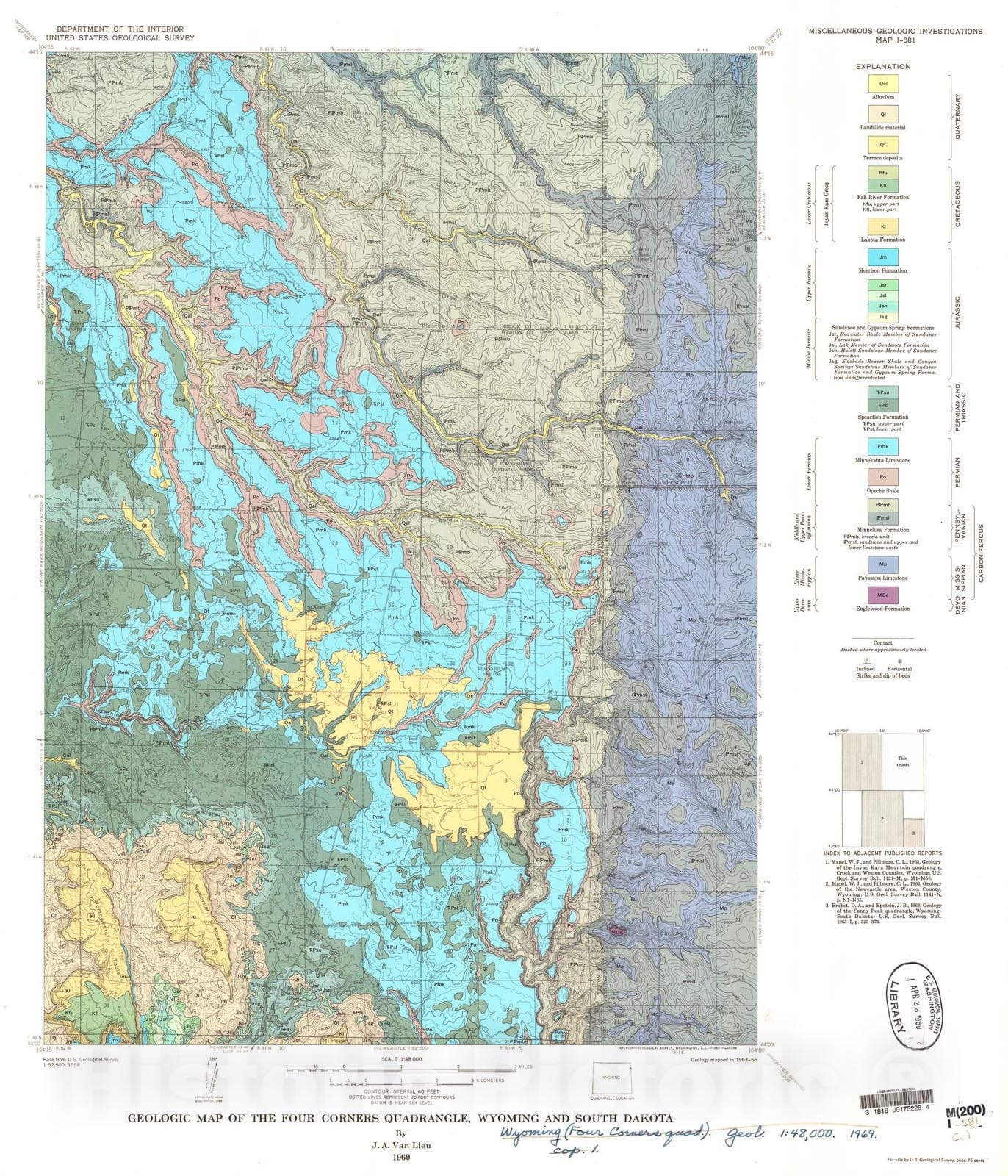 Map : Geologic map of the Four Corners quadrangle, Wyoming and South Dakota, 1969 Cartography Wall Art :