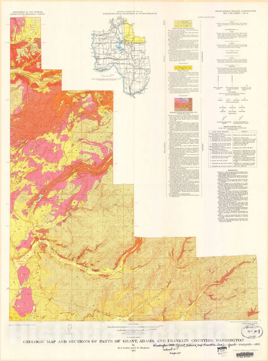 Map : Geologic map and sections of parts of Grant, Adams, and Franklin Counties, Washington, 1971 Cartography Wall Art :